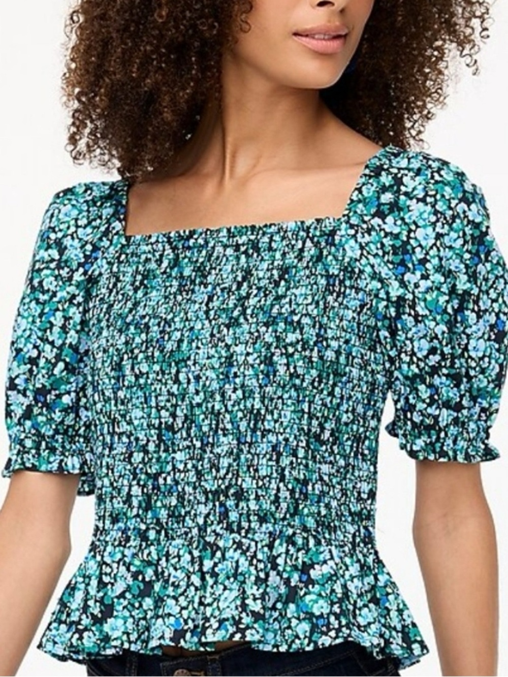 J. Crew Teal and Black Smocked Square-Neck Puff Sleeve Blouse